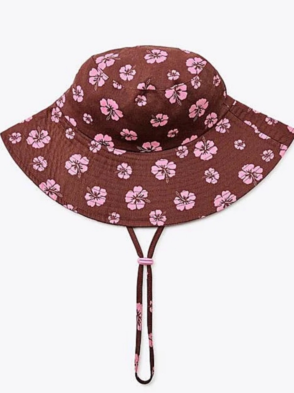ZARA Brown Floral Bucket Hat Pink Hibiscus Print Adjustable Strap S